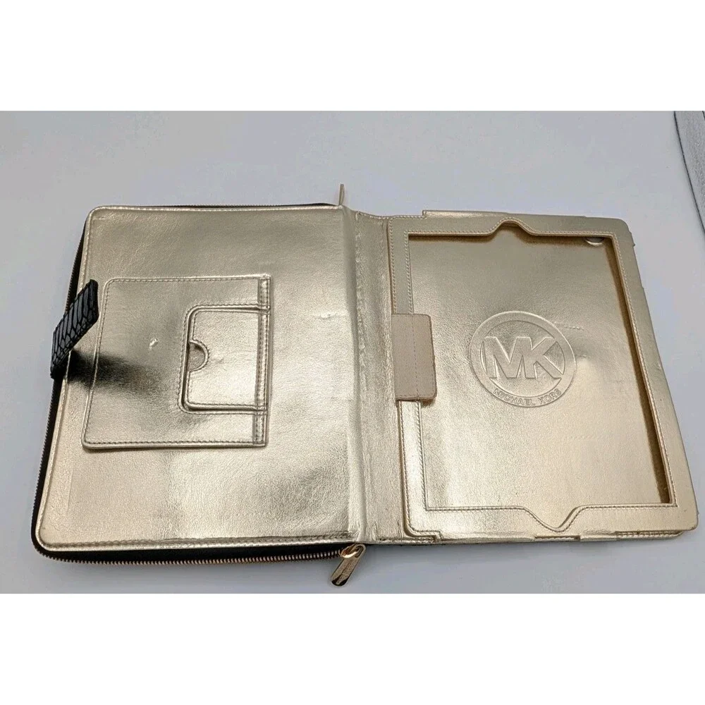 Michael Kors Black Python Embossed Zip Around iPad Folio Case Gold Hardware MK